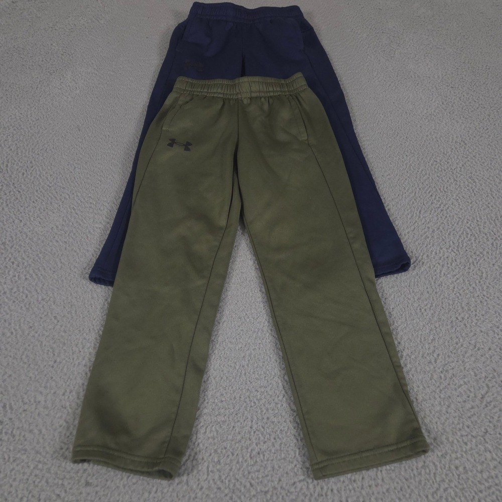 LOT OF 2 Under Armour Sweatpants Kids Small Navy‎ Green Armour Fleece Straight